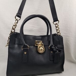 ​Michael Kors Hamilton Large Satchel Bag Black Saffiano Leather Gold Hardware